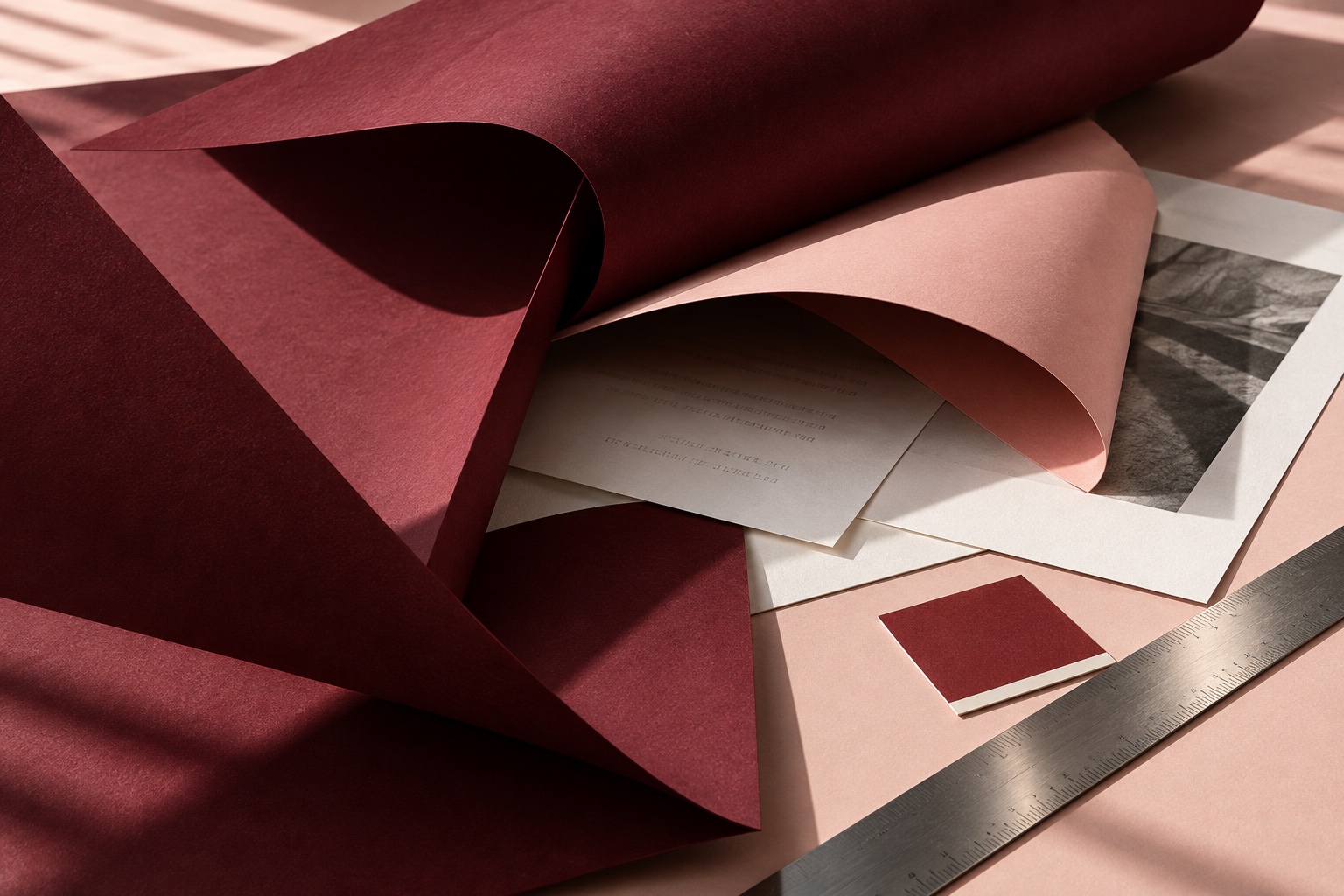 Sculptural burgundy and rose paper folds revealing printed layers